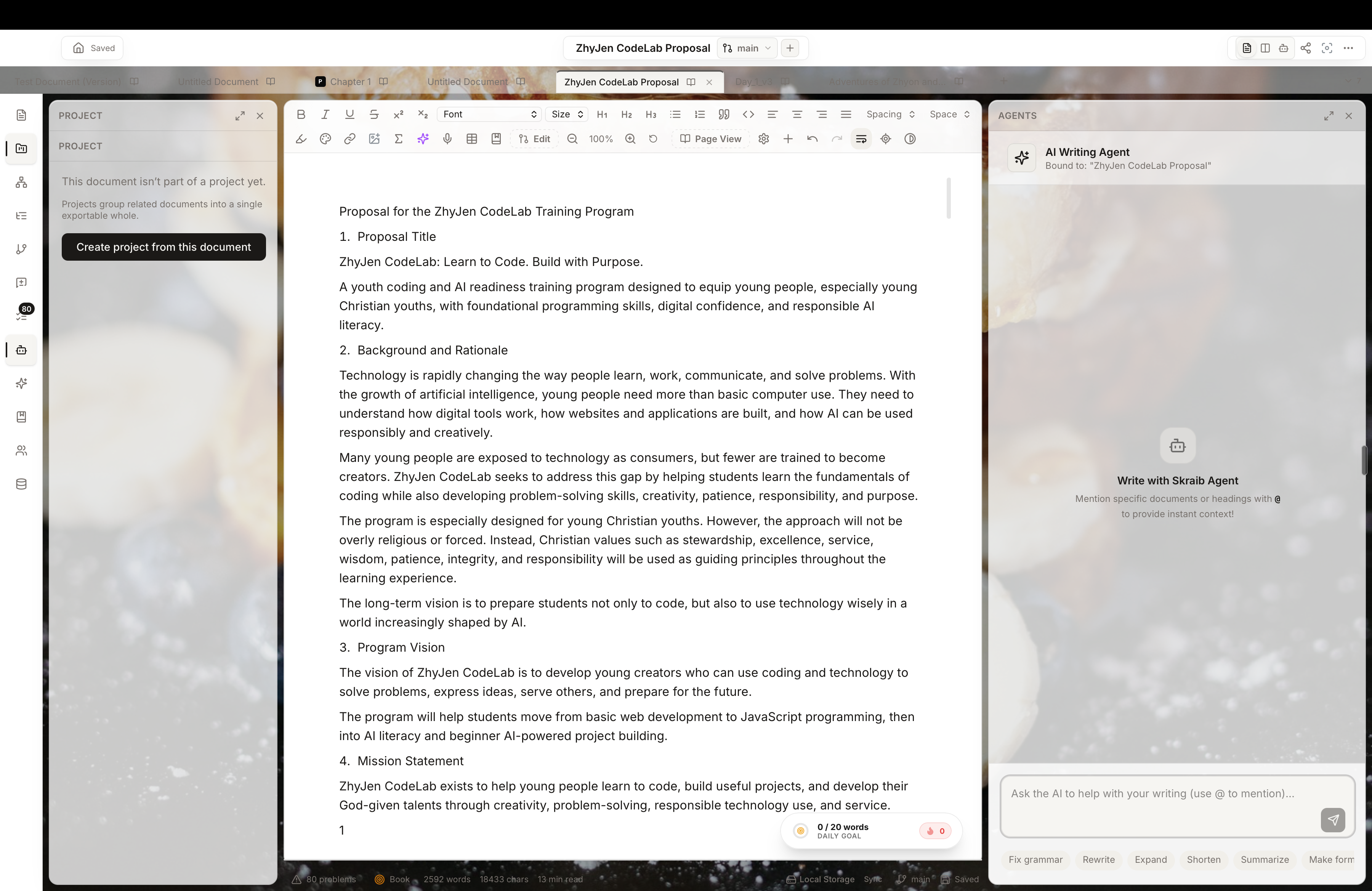 Skraib editor in the light transparent Glass theme