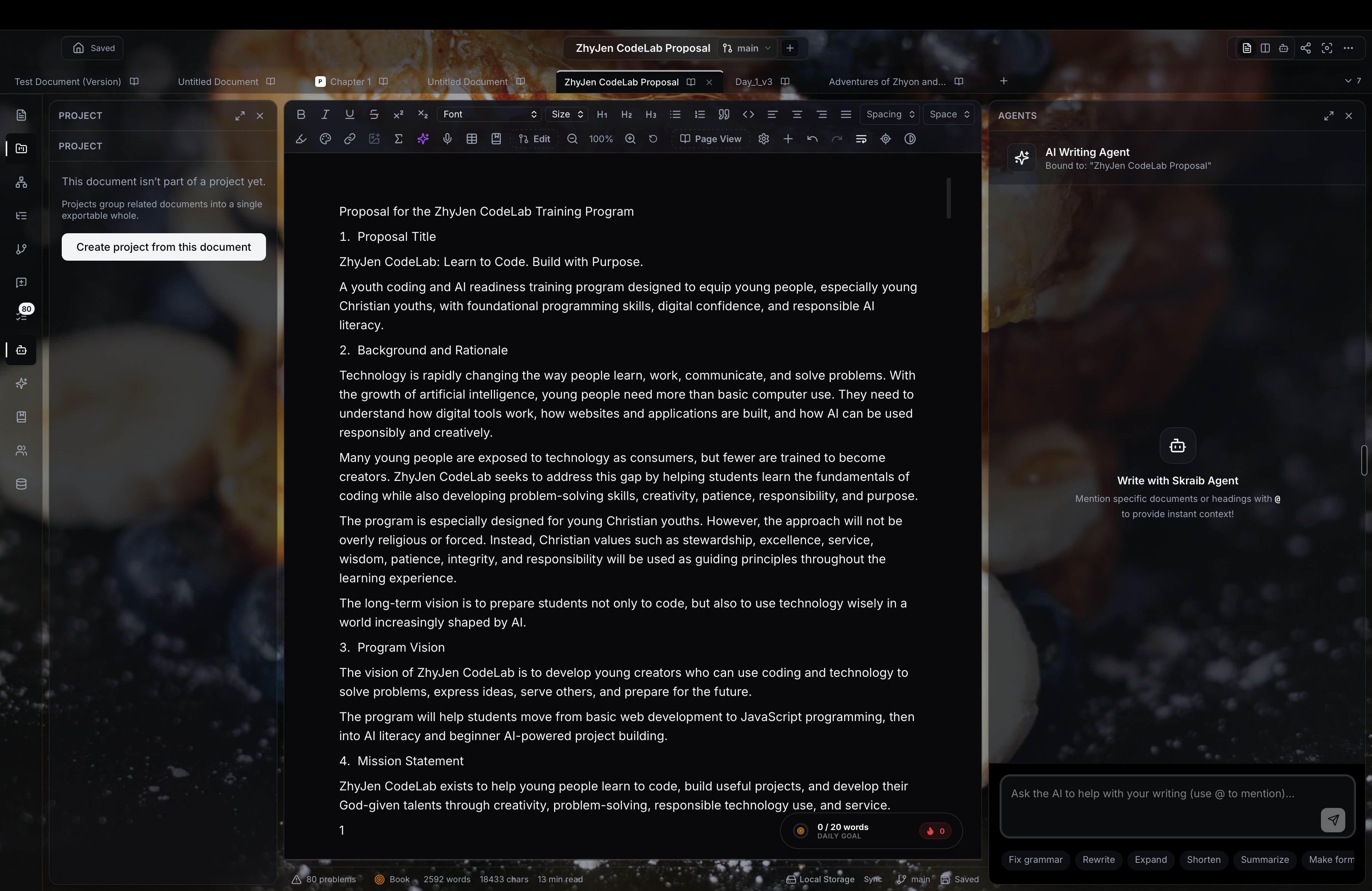 Skraib editor in the transparent Glass theme