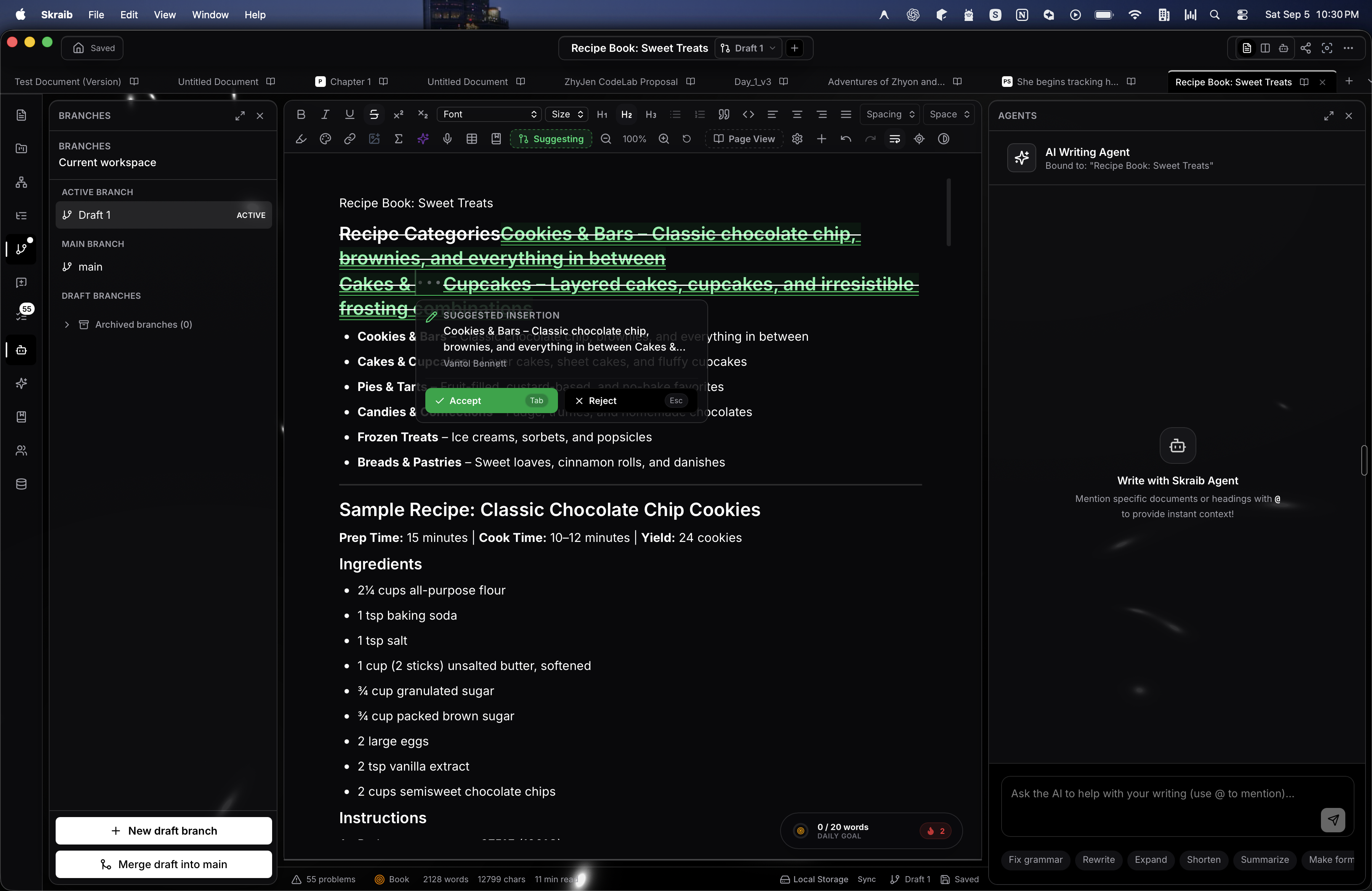 The IWE suggesting-mode review, branches panel, and agent sidebar in the Skraib editor